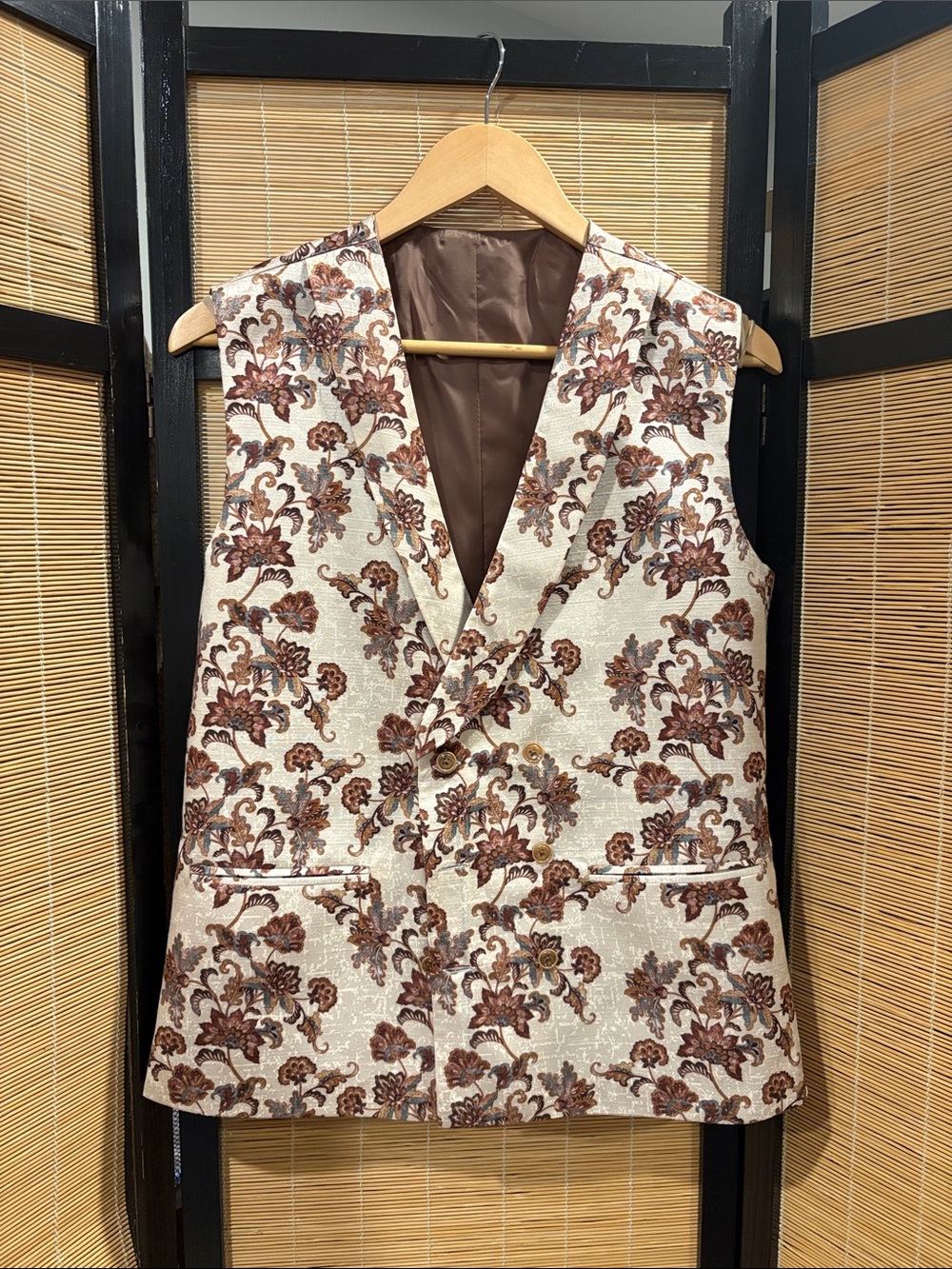 Mens Cream and Brown Floral Vest Blazer